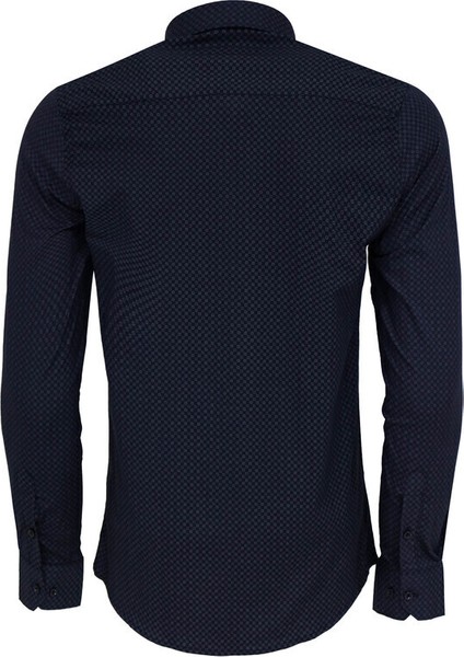 Koyu Lacivert Mini Kare Desenli Slim Fit Gömlek indirimleri