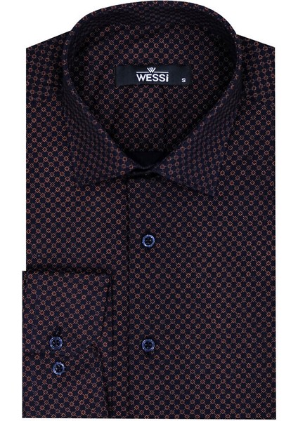 Kahverengi Mini Kare Desenli Slim Fit Gömlek fiyatları