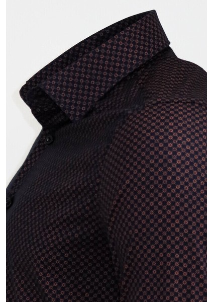 Kahverengi Mini Kare Desenli Slim Fit Gömlek modelleri