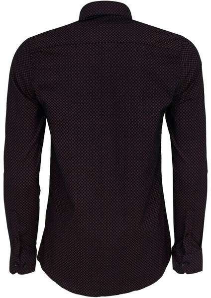 Kahverengi Mini Kare Desenli Slim Fit Gömlek indirimleri
