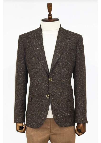 Kahverengi Kazayağı Desenli Yün Ceket