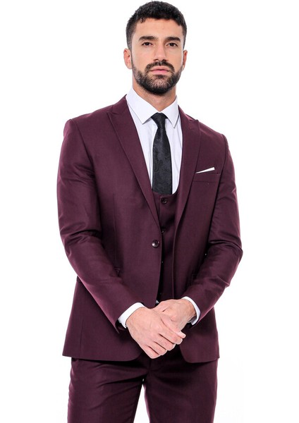 Bordo Sivri Yaka Slim Fit Yelekli Takım Elbise