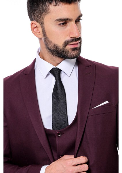 Bordo Sivri Yaka Slim Fit Yelekli Takım Elbise