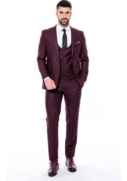 Bordo Sivri Yaka Slim Fit Yelekli Takım Elbise