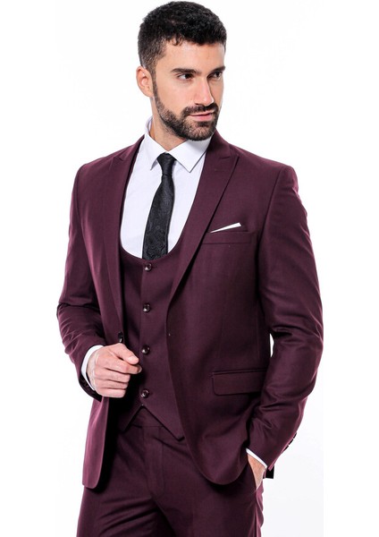 Bordo Sivri Yaka Slim Fit Yelekli Takım Elbise