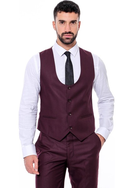 Bordo Sivri Yaka Slim Fit Yelekli Takım Elbise