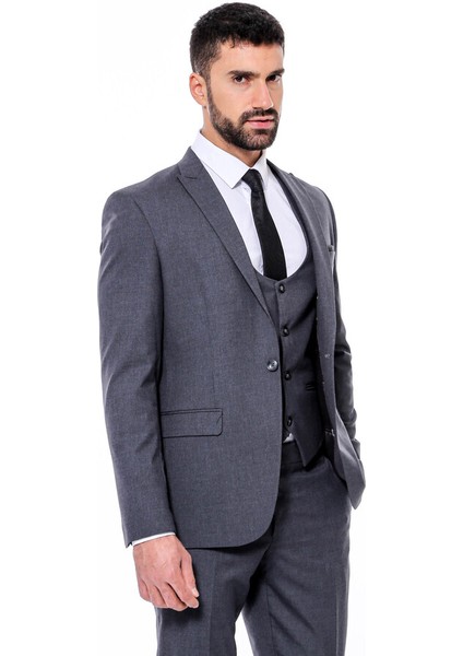 Füme Sivri Yaka Slim Fit Yelekli Takım Elbise