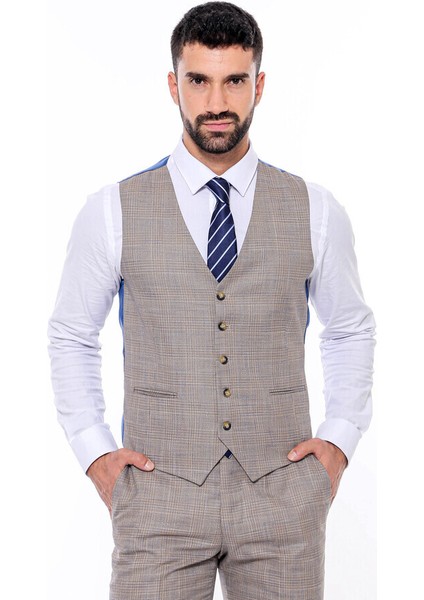 Kendinden Desenli Yelekli Slim Fit Bej Takım Elbise