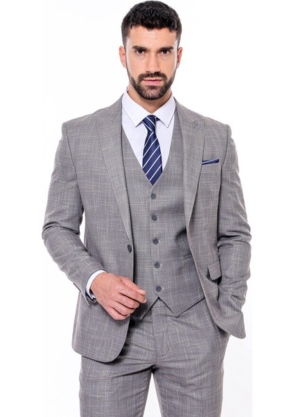 Kendinden Desenli Yelekli Slim Fit Gri Takım Elbise