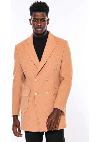 Krem Metal Düğmeli Kruvaze Kaban