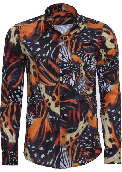 Çok Renkli Çiçek Desenli Slim Fit Uzun Kollu Gömlek