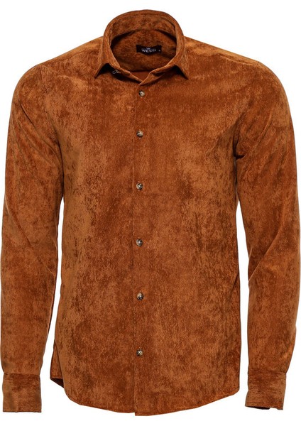 Kadife Uzun Kollu Kahveengi Gömlek