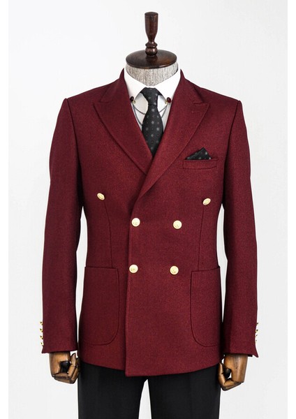 Kruvaze Bordo Slim Fit Tek Ceket