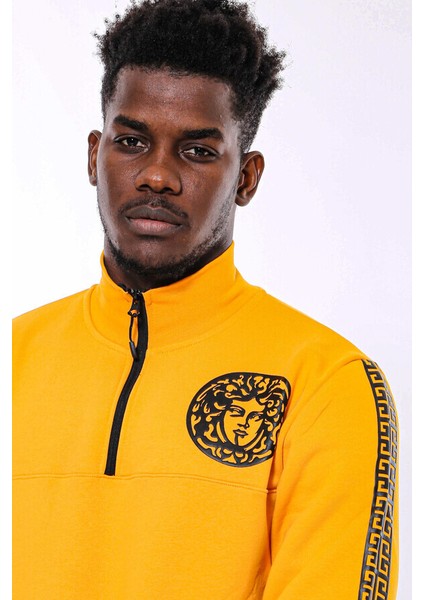 Sarı Fermuarlı Baskılı Sweatshirt