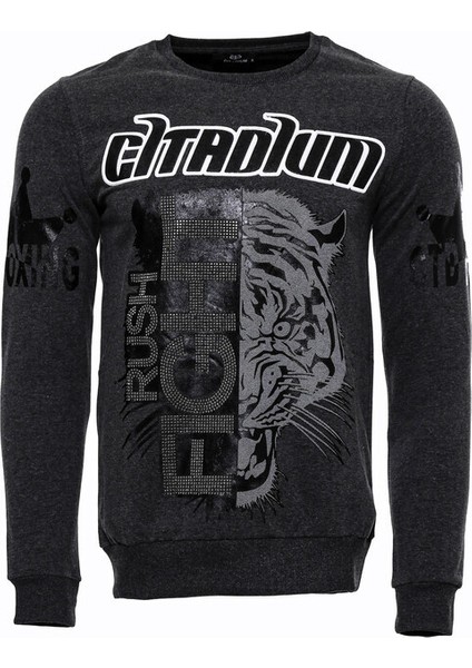 Gri Taşlı Baskılı Kapşonşlu Sweatshirt