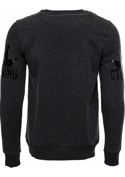 Gri Taşlı Baskılı Kapşonşlu Sweatshirt