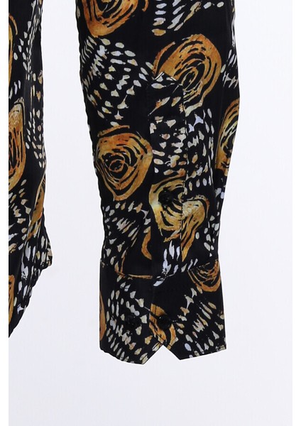 Siyah Çiçek Desenli Slim Fit Uzun Kollu Gömlek fırsatları