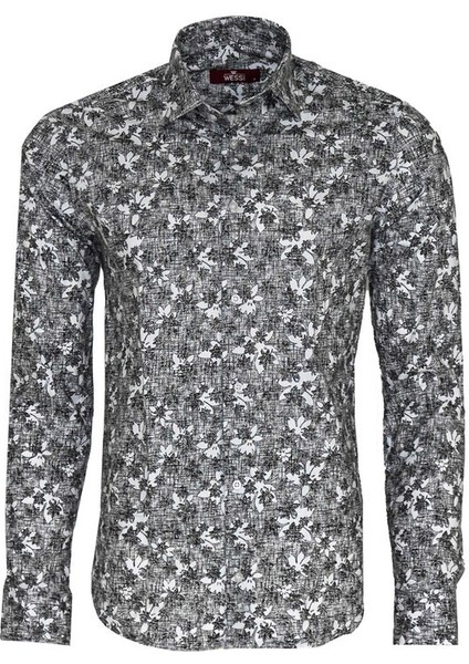 Çiçek Desenli Koyu Gri Slim Fit Gömlek
