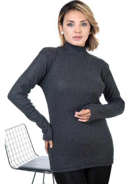 Kadın Füme Yarım Balıkçı Yaka Kazak