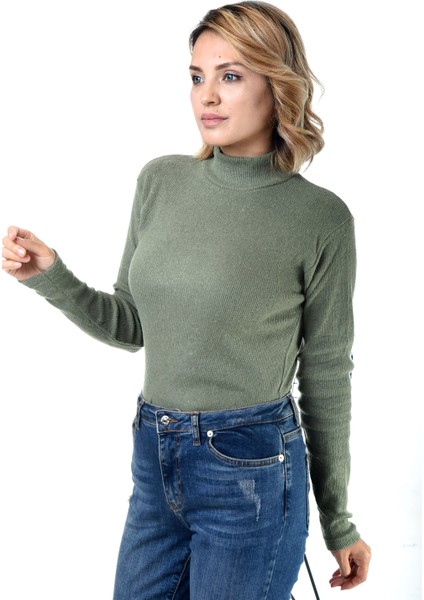 Kadın Haki Yeşili Yarım Balıkçı Yaka Kazak modelleri