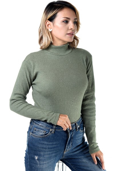 Kadın Haki Yeşili Yarım Balıkçı Yaka Kazak fırsatları