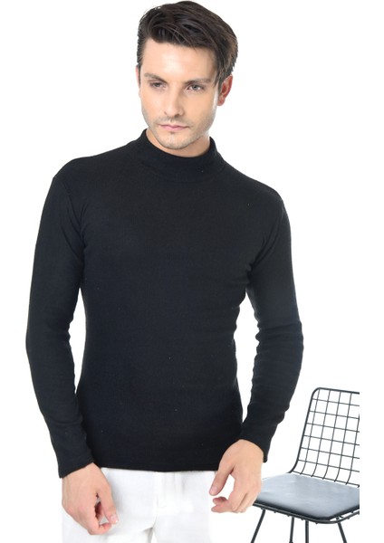 Erkek Siyah Yarım Balıkçı Yaka Slim Fit Kazak