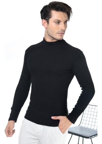 Erkek Siyah Yarım Balıkçı Yaka Slim Fit Kazak modelleri