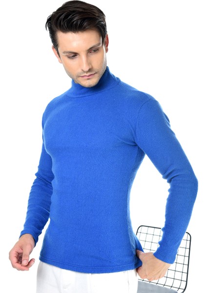 Erkek Saks Mavisi Yarım Balıkçı Yaka Slim Fit Kazak