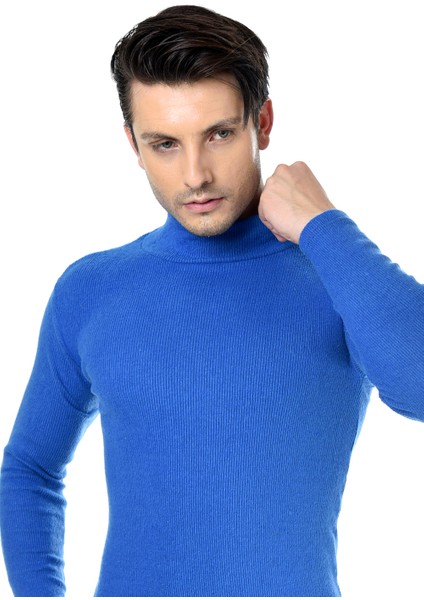 Erkek Saks Mavisi Yarım Balıkçı Yaka Slim Fit Kazak fiyatları