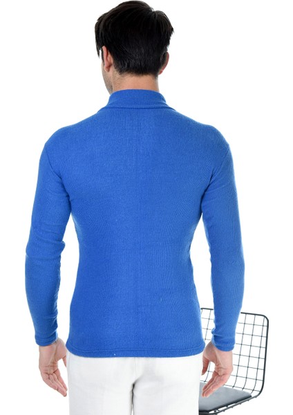 Erkek Saks Mavisi Yarım Balıkçı Yaka Slim Fit Kazak modelleri