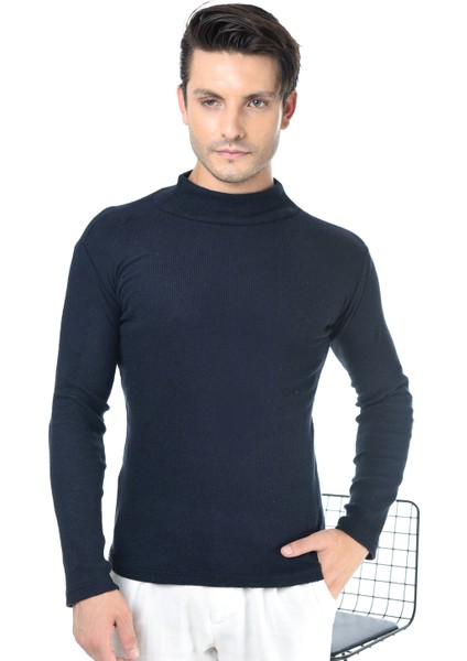 Erkek Lacivert Yarım Balıkçı Yaka Slim Fit Kazak