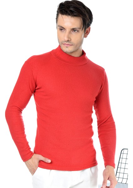Erkek Kırmızı Yarım Balıkçı Yaka Slim Fit Kazak