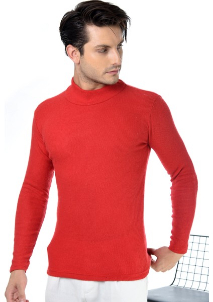 Erkek Kırmızı Yarım Balıkçı Yaka Slim Fit Kazak modelleri