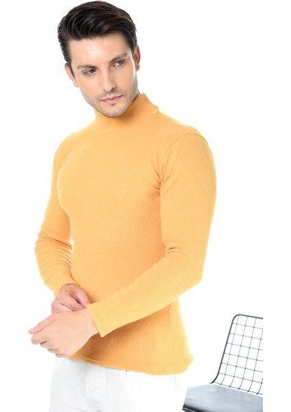 Erkek Sarı Yarım Balıkçı Yaka Slim Fit Kazak