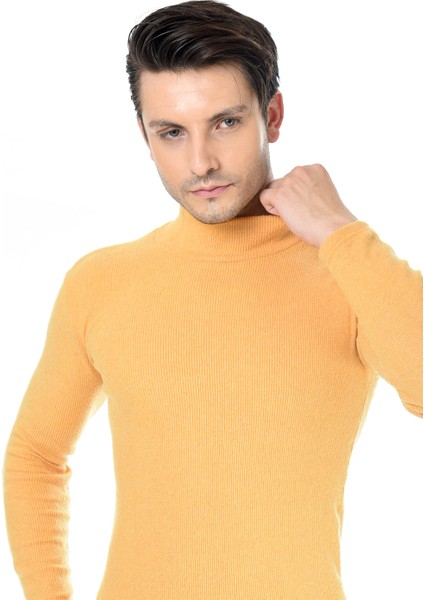 Erkek Sarı Yarım Balıkçı Yaka Slim Fit Kazak modelleri