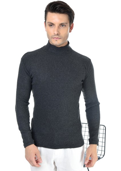 Erkek Füme Yarım Balıkçı Yaka Slim Fit Kazak