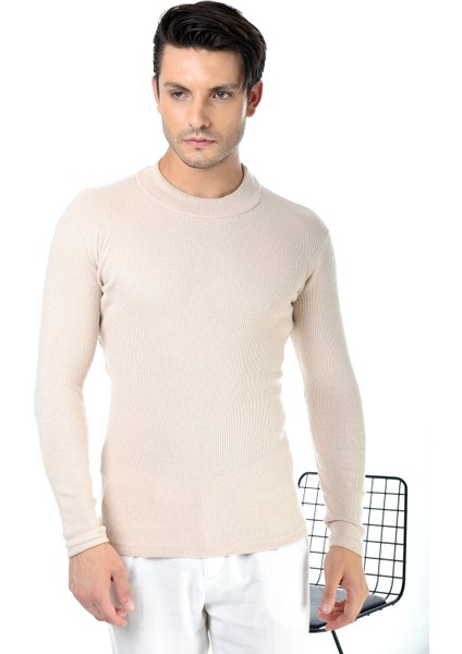 Erkek Bej Yarım Balıkçı Yaka Slim Fit Kazak