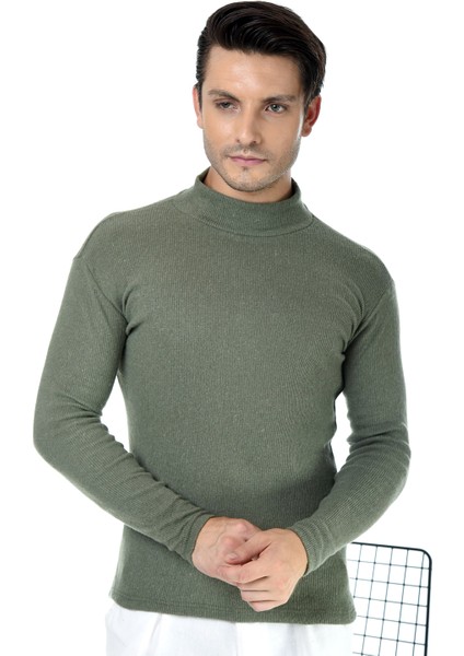 Erkek Haki Yeşili Yarım Balıkçı Yaka Slim Fit Kazak