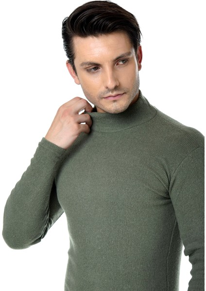 Erkek Haki Yeşili Yarım Balıkçı Yaka Slim Fit Kazak fiyatları