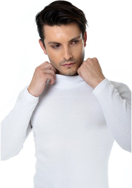 Erkek Beyaz Yarım Balıkçı Yaka Slim Fit Kazak