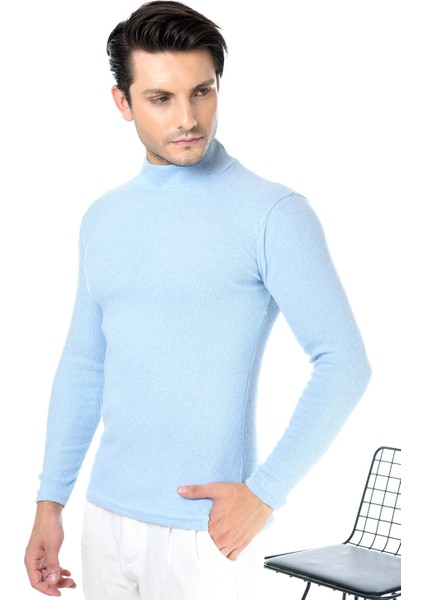 Erkek Bebe Mavisi Yarım Balıkçı Yaka Slim Fit Kazak