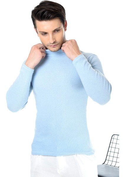 Erkek Bebe Mavisi Yarım Balıkçı Yaka Slim Fit Kazak modelleri