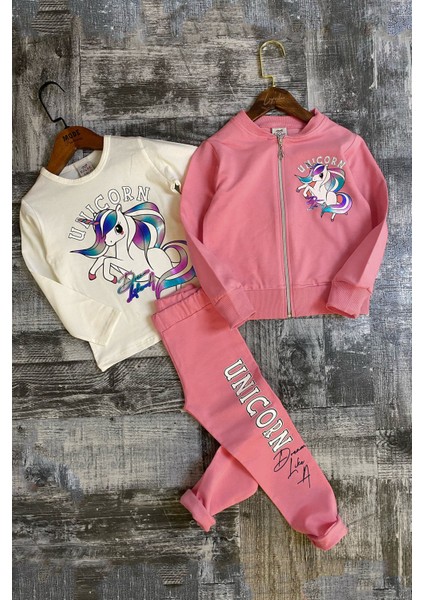 Kız Çocuk Unicorn Baskılı 3lü Pembe Taytlı Takım