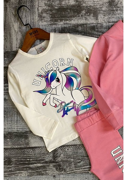 Kız Çocuk Unicorn Baskılı 3lü Pembe Taytlı Takım modelleri