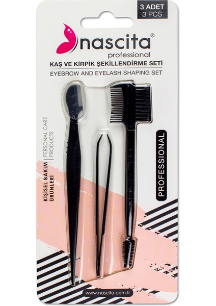 3'lü Set Ustura - Cımbız - Çift Taraflı Kaş Fırçası - 15