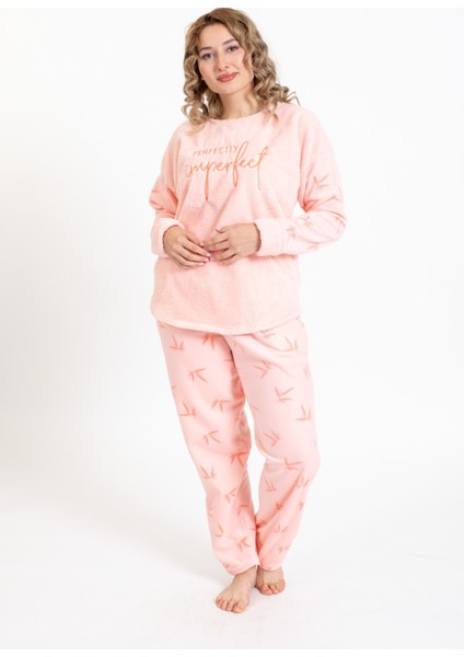 Kadın 4123-1 Desenli Polar Pijama Takımı Somon