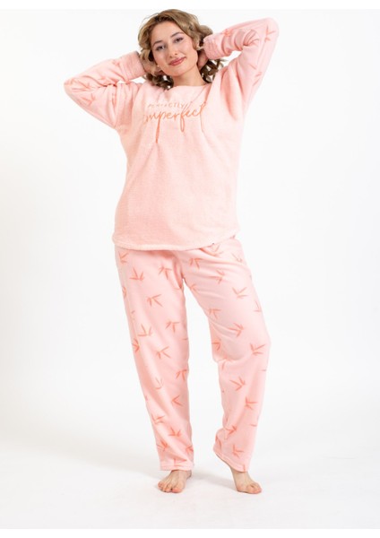 Kadın 4123-1 Desenli Polar Pijama Takımı Somon