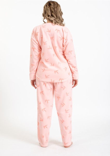 Kadın 4123-1 Desenli Polar Pijama Takımı Somon