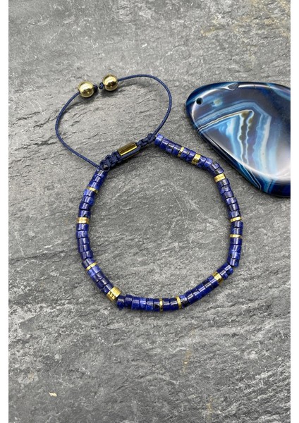 Lapis Lazuli Doğal Taşlı Lacivert Renkli Ayarlanabilir Makrome Erkek Bileklik