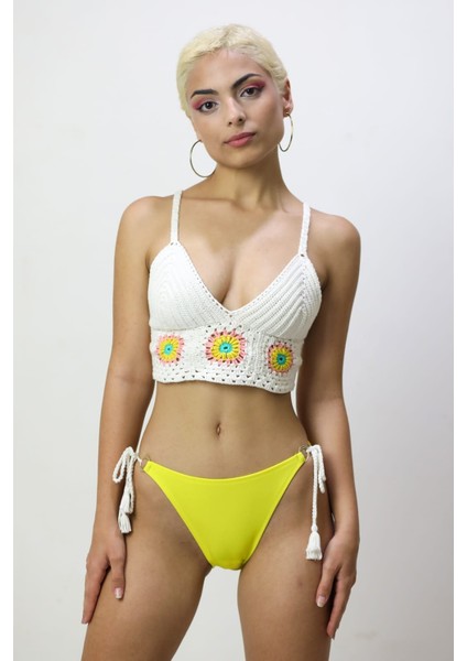 Sg Afrodit Sarı Croptop Kroşe Bikini